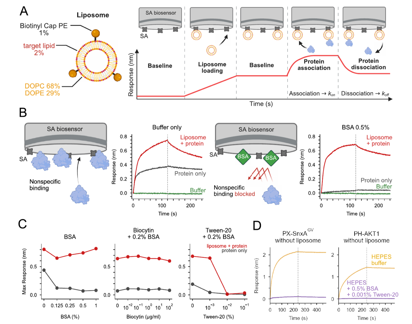 Figure 1: assay design, effect of BSA, and titration of BSA, biocytin and Tween-20 on specific and nonspecific binding.